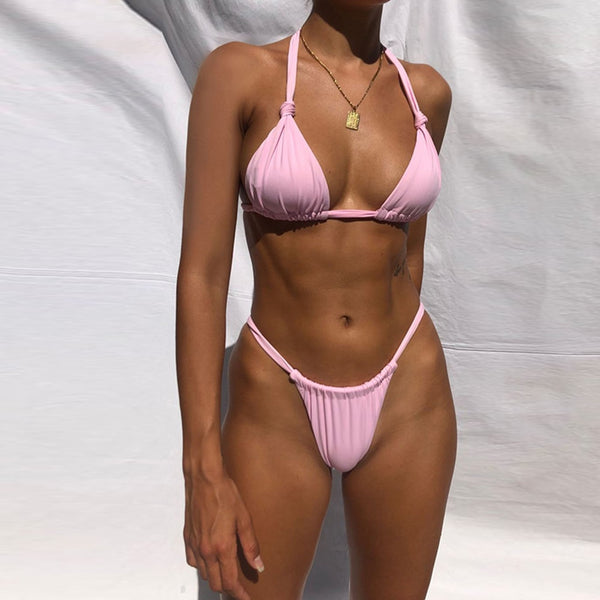 Castaway Knotted Ruche Bikini Set - Pink